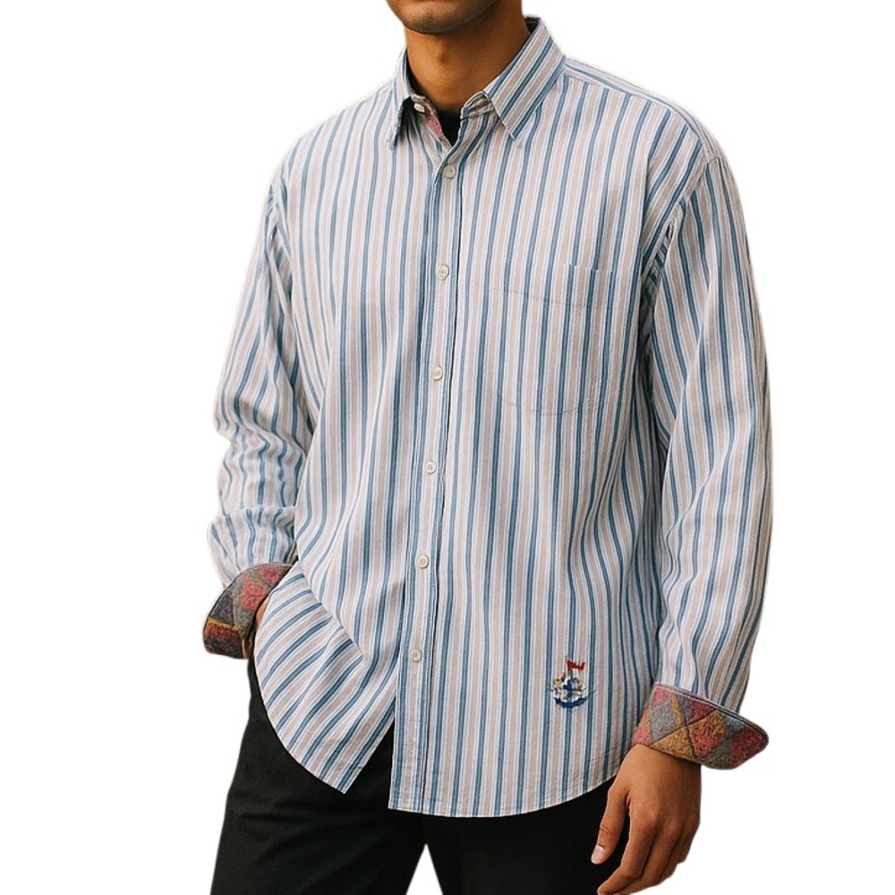 Robert Graham "Money Bag" Blue/White Cotton Stripe Shi with Contrast Flip Cuffs